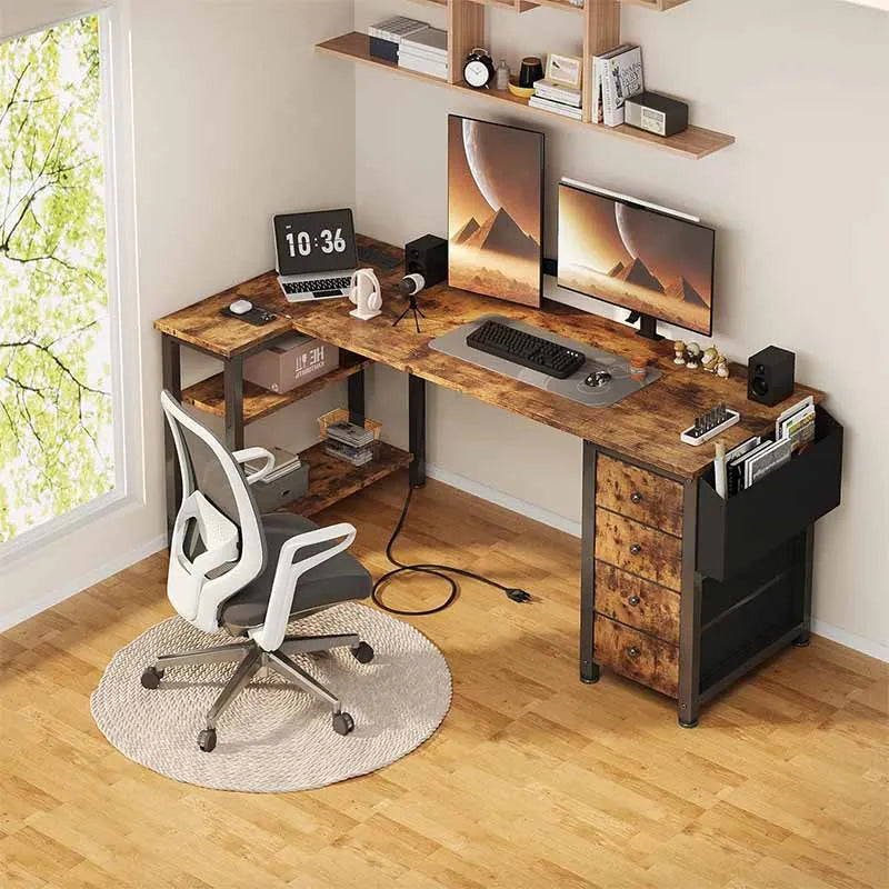 Yoobure L-Shaped Teen PC Desks with Fabric Drawer, Brown
