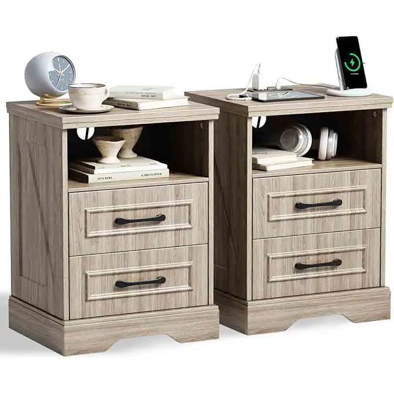 Yoobure Farmhouse Nightstand with Charging Station Wood