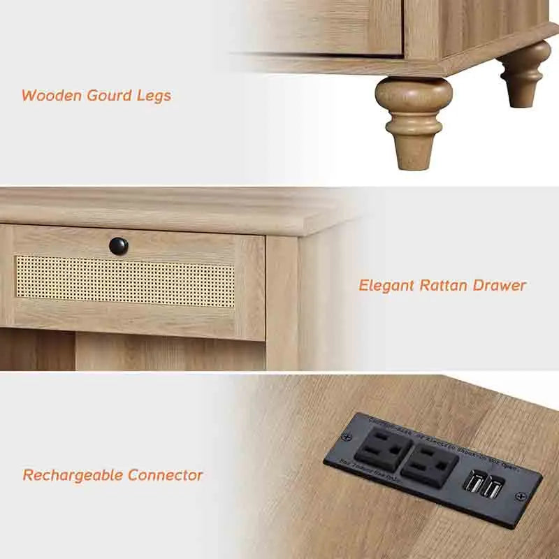 Yoobure Rattan Nightstand Side Table with Charging Station