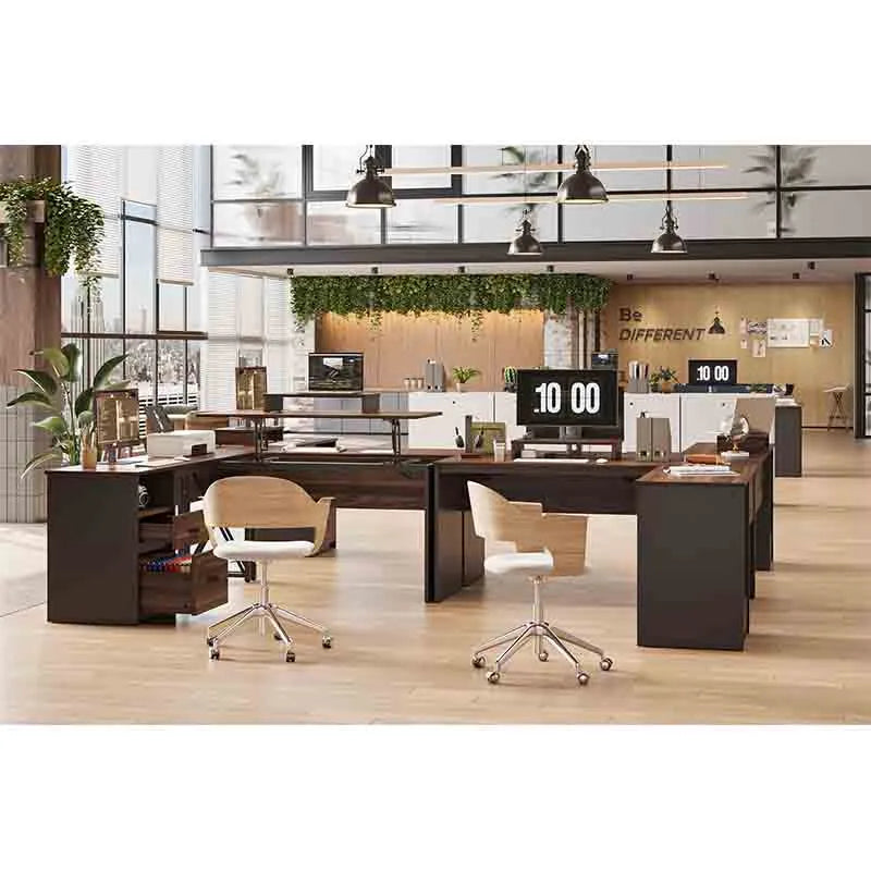Yoobure Lift Top L Shaped Desk with File Drawer, Walnut