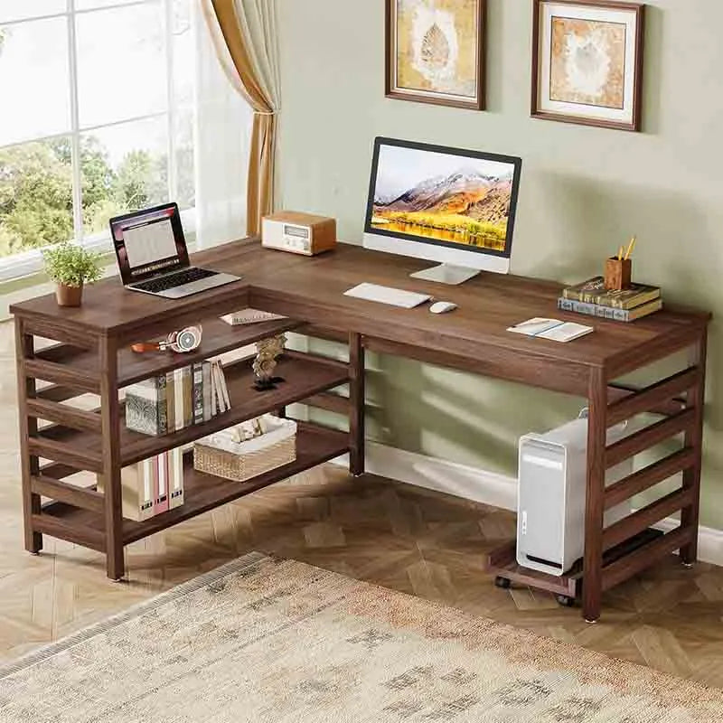 Yoobure All-Wood Corner Home Office Desk with 4-Tier Storage Shelf