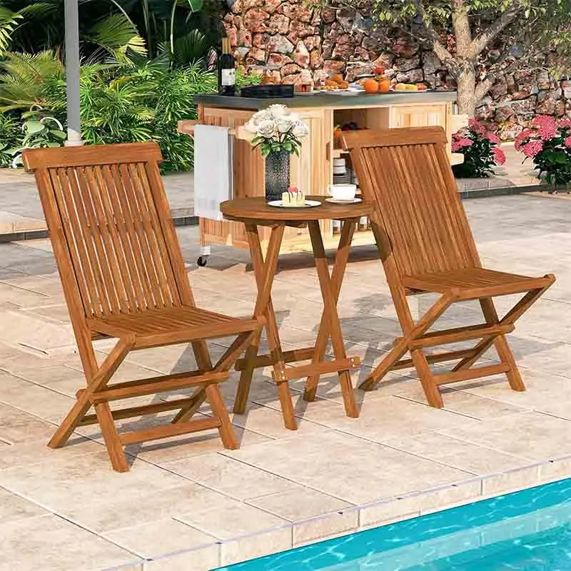 3 Piece Teak Wood Patio Bistro Set with 2 Folding Chairs and Round Table