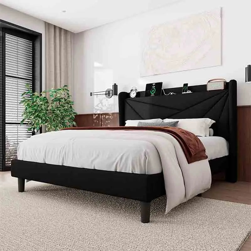 Yoobure Full Size Bed Frame with Wingback Storage Headboard