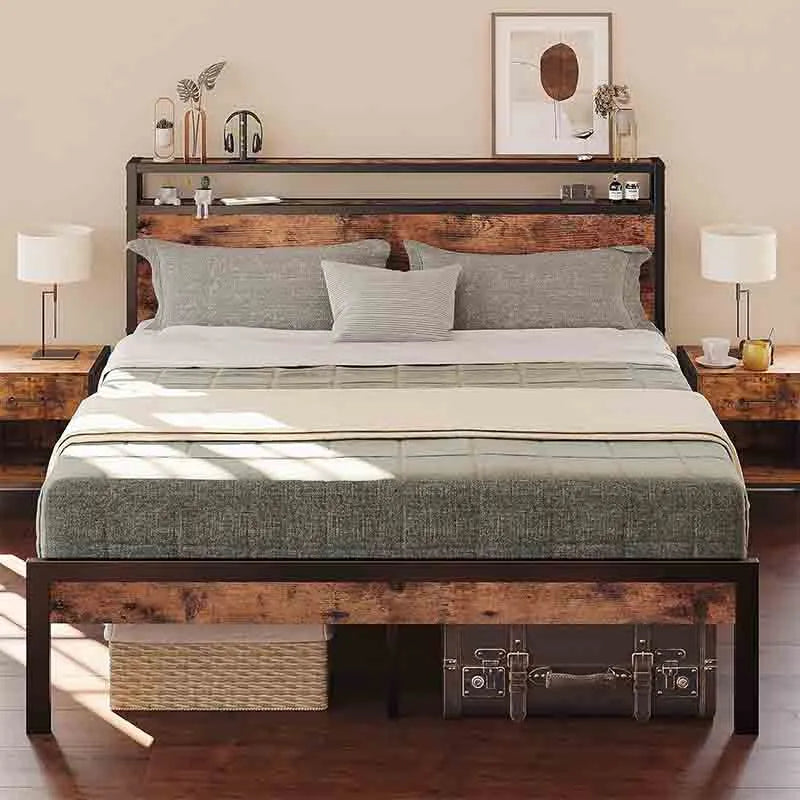 Yoobure Queen Bed Frame with 2-Tier Storage Headboard