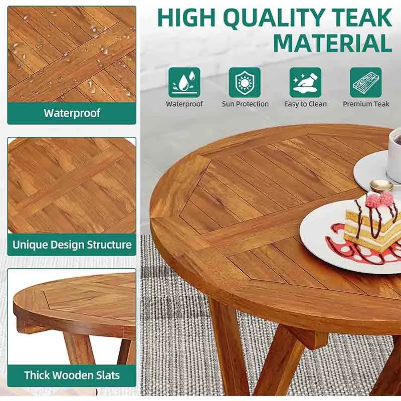 Yoobure 3 Piece Teak Wood Patio Bistro Set with 2 Folding Chairs and Round Table
