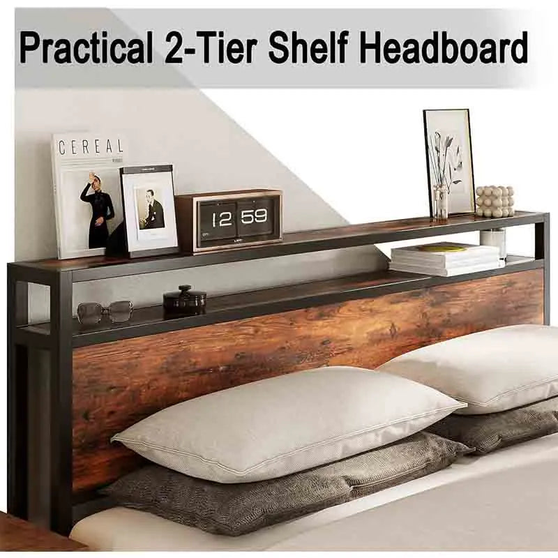 Yoobure Queen Bed Frame with 2-Tier Storage Headboard