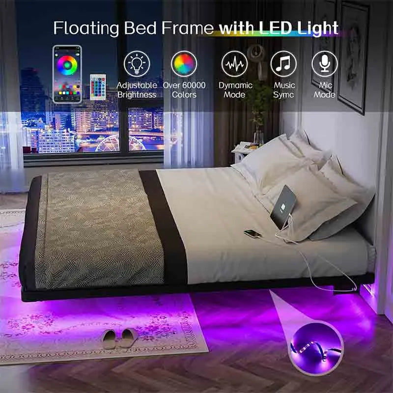 Yoobure Floating Bed Frame with LED Light and Charging Station