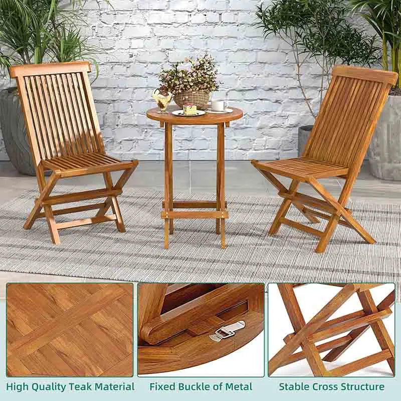 Yoobure 3 Piece Teak Wood Patio Bistro Set with 2 Folding Chairs and Round Table