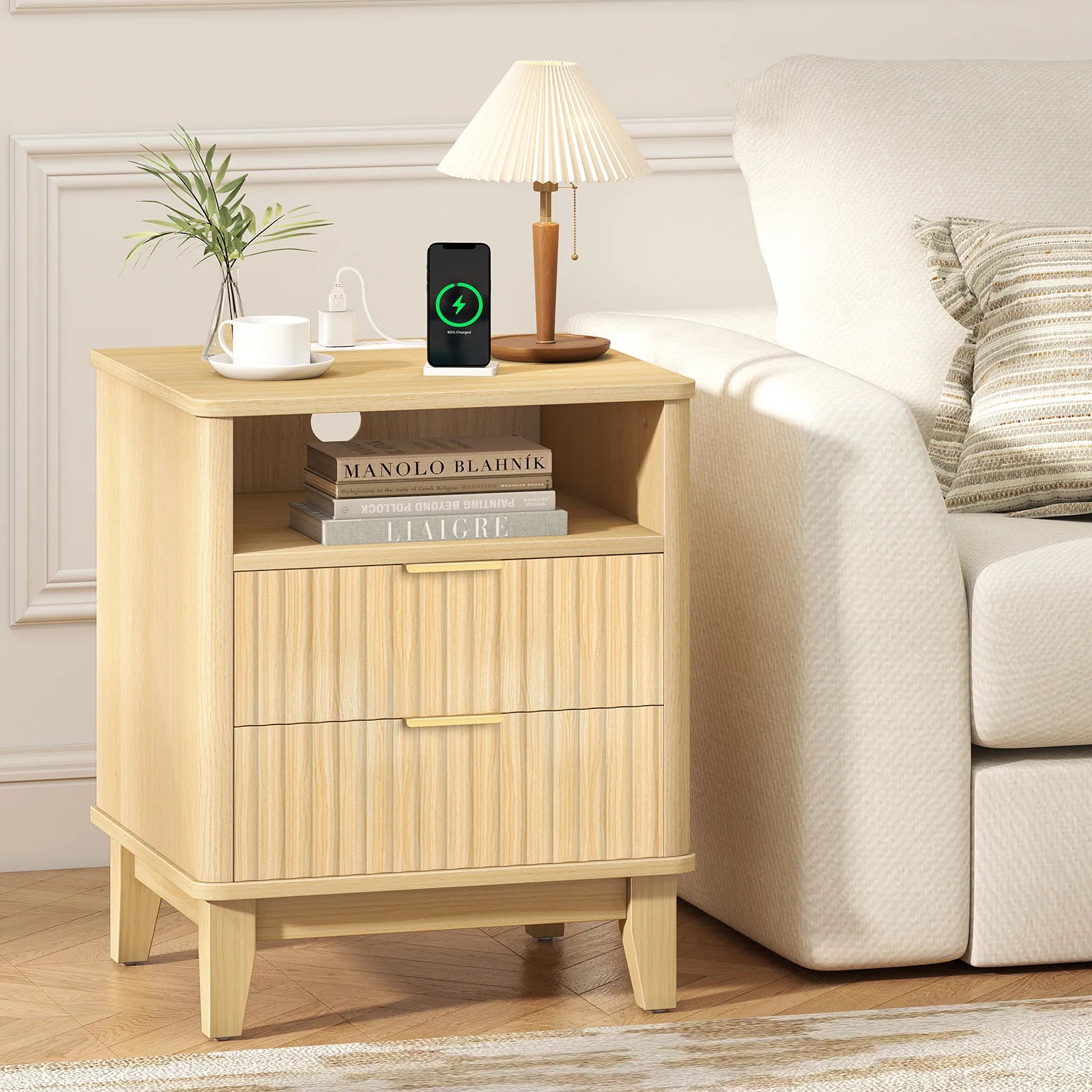 Night Stand with Charger Station, Fluted Nightstand with 2 Drawers and Storage Shelf, Mid Century Modern End Table for Bedroom Living Room