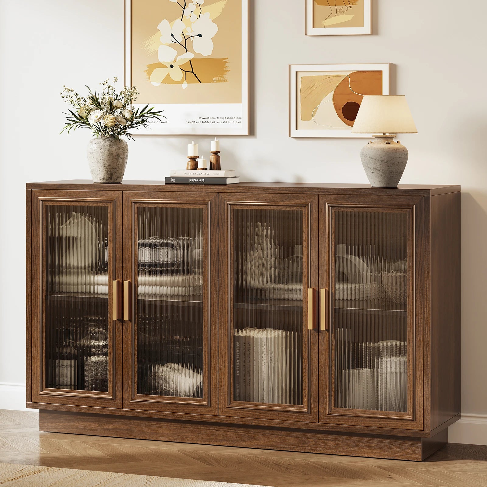 CURLA 55.1" Sideboard Buffet Cabinet with Storage, Wood Kitchen Cabinet with 4 Fluted Doors, Large Buffet Table, Credenza Coffee Bar for Dining Living Room