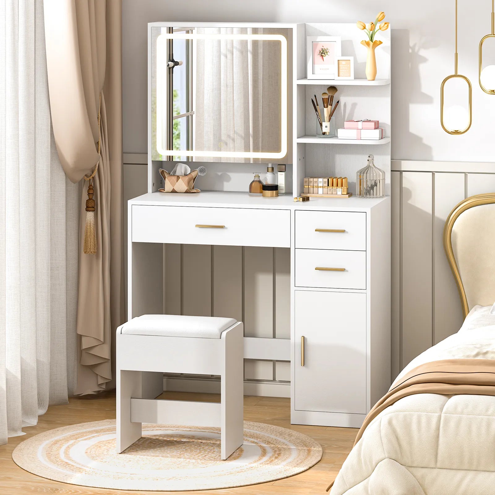Vanity Desk with Mirror and Lights, Makeup Vanity Desk with Drawers & Cabinet, Vanities with Upholstered Chair, White Makeup Table with Storage Shelves, Girls Dressing Table for Bedroom