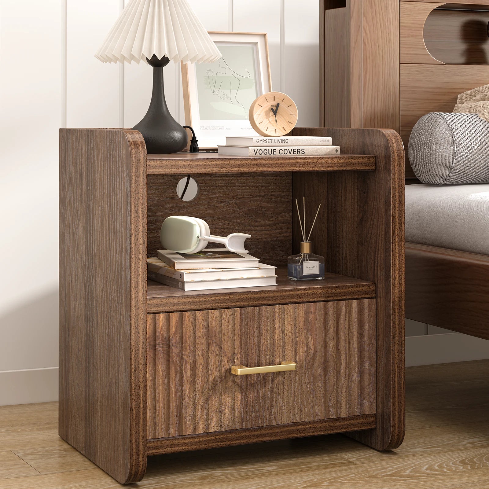 Fluted Nightstand with Charging Station,Wood Bedside Table Night Stand with Drawer and Open Shelf,Modern End Side Table for Bedroom Living Room