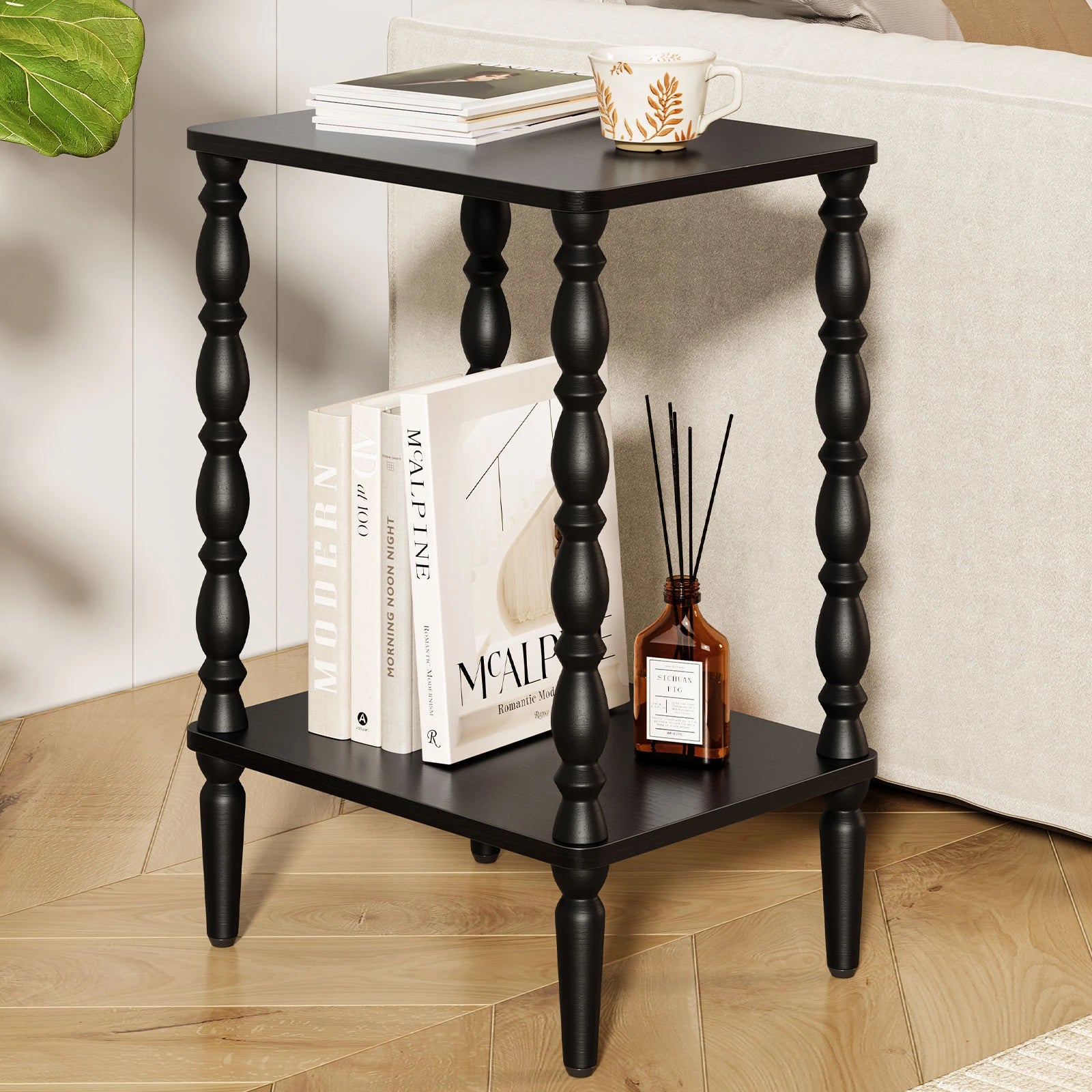Maliowa 2-Tier Side Table, Small End Table for Living Room Bedroom with Storage Shelf, Vintage Accent Table Nightstand with Spindle Legs