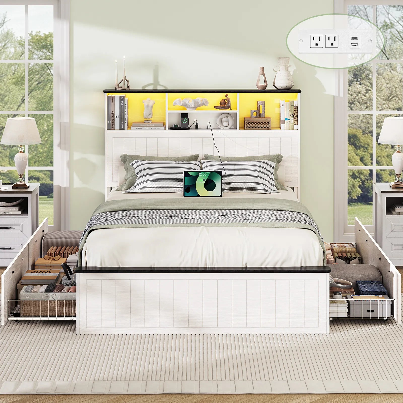 Full Size Bed Frame with Headboard, Farmhouse Wood Full Bed Frame with 4 Storage Drawers, Platform Beds with Charging Station & LED Light