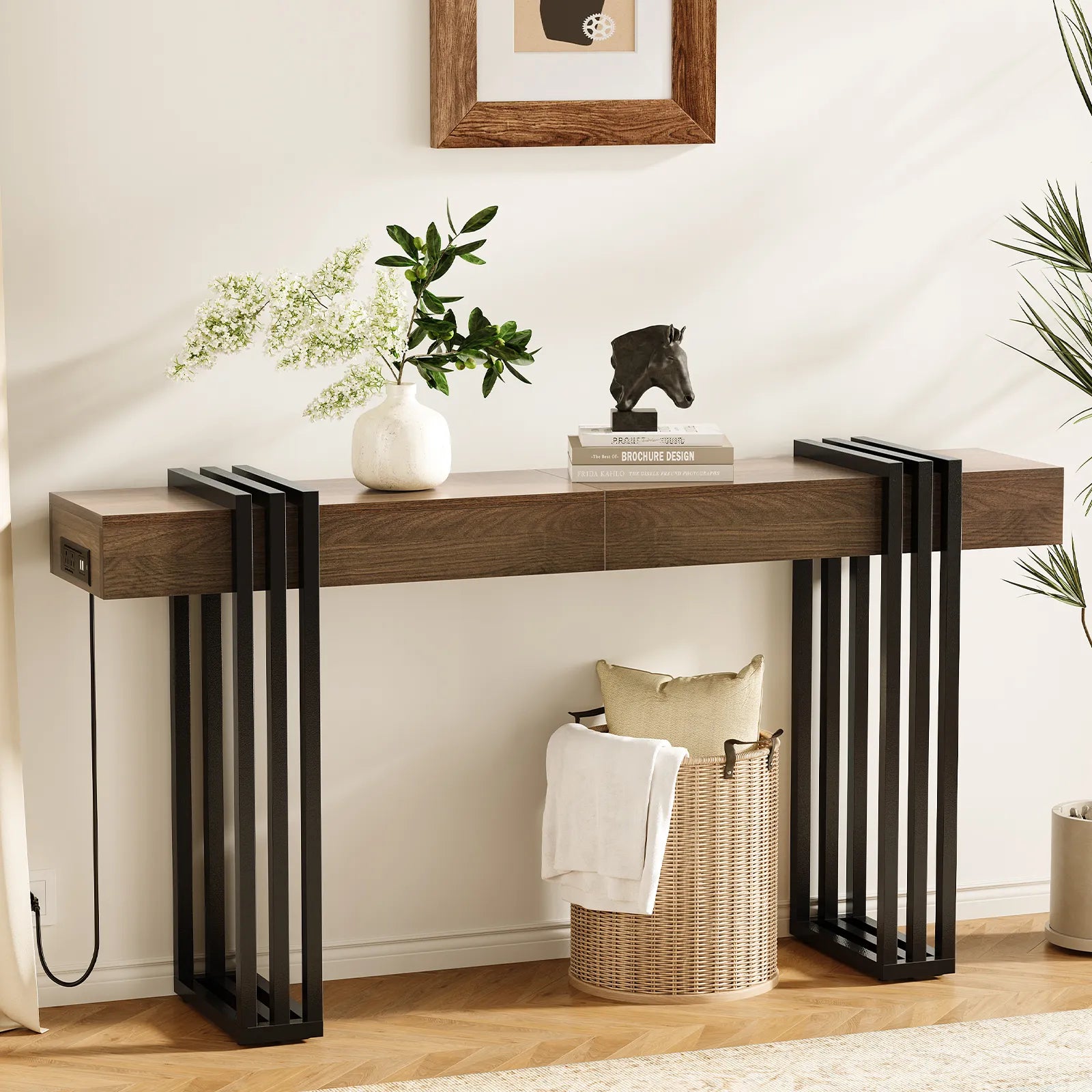 63" Long Console Table, Wood Entryway Table with Black Parallel Metal Frame & Outlet, Behind Couch Table for Hallway Living Room Foyer, Walnut