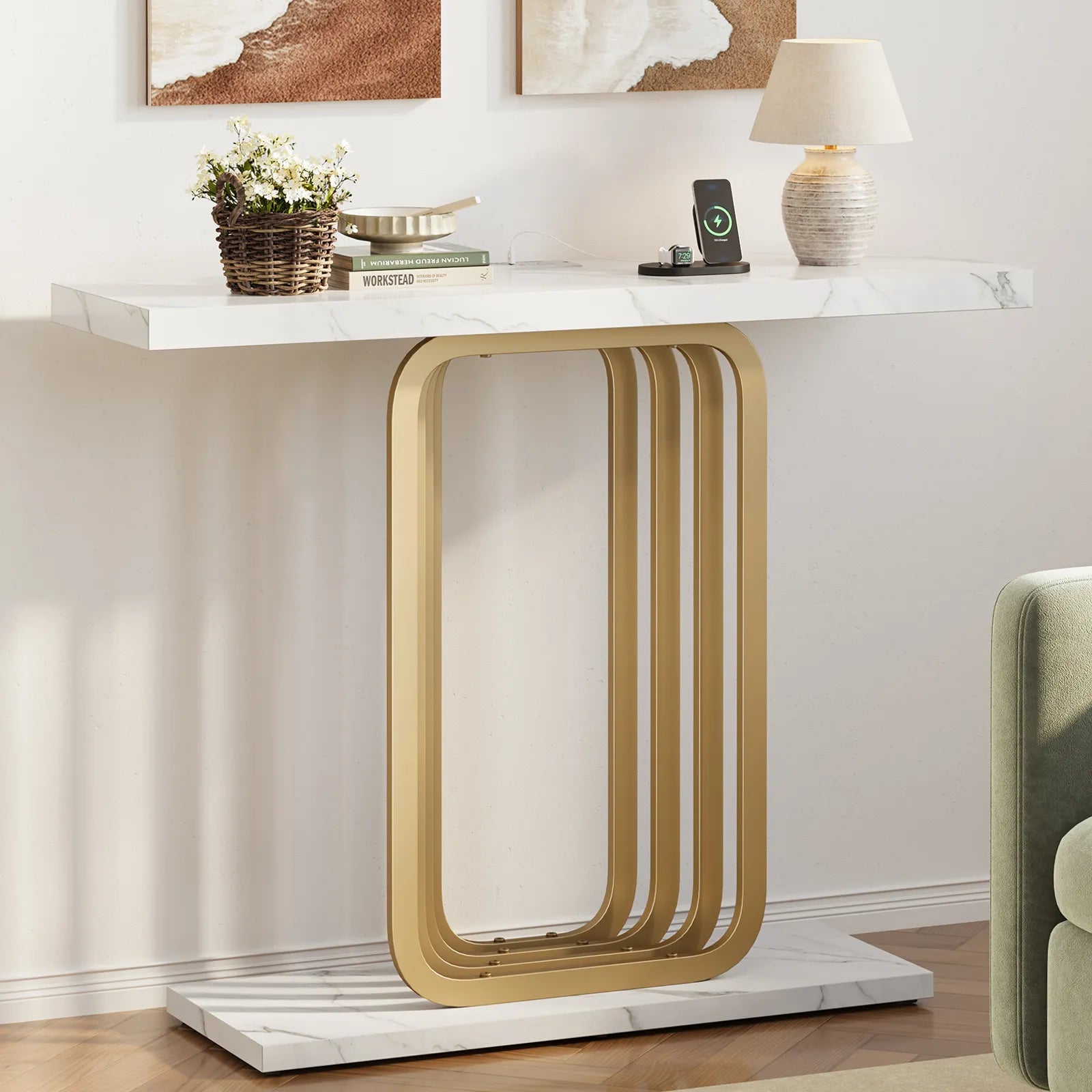 Narrow Console Table with Outlet, Industrial Entryway Table with Unique Base, Small Sofa Table, behind couch table for Entry Way Living Room,White