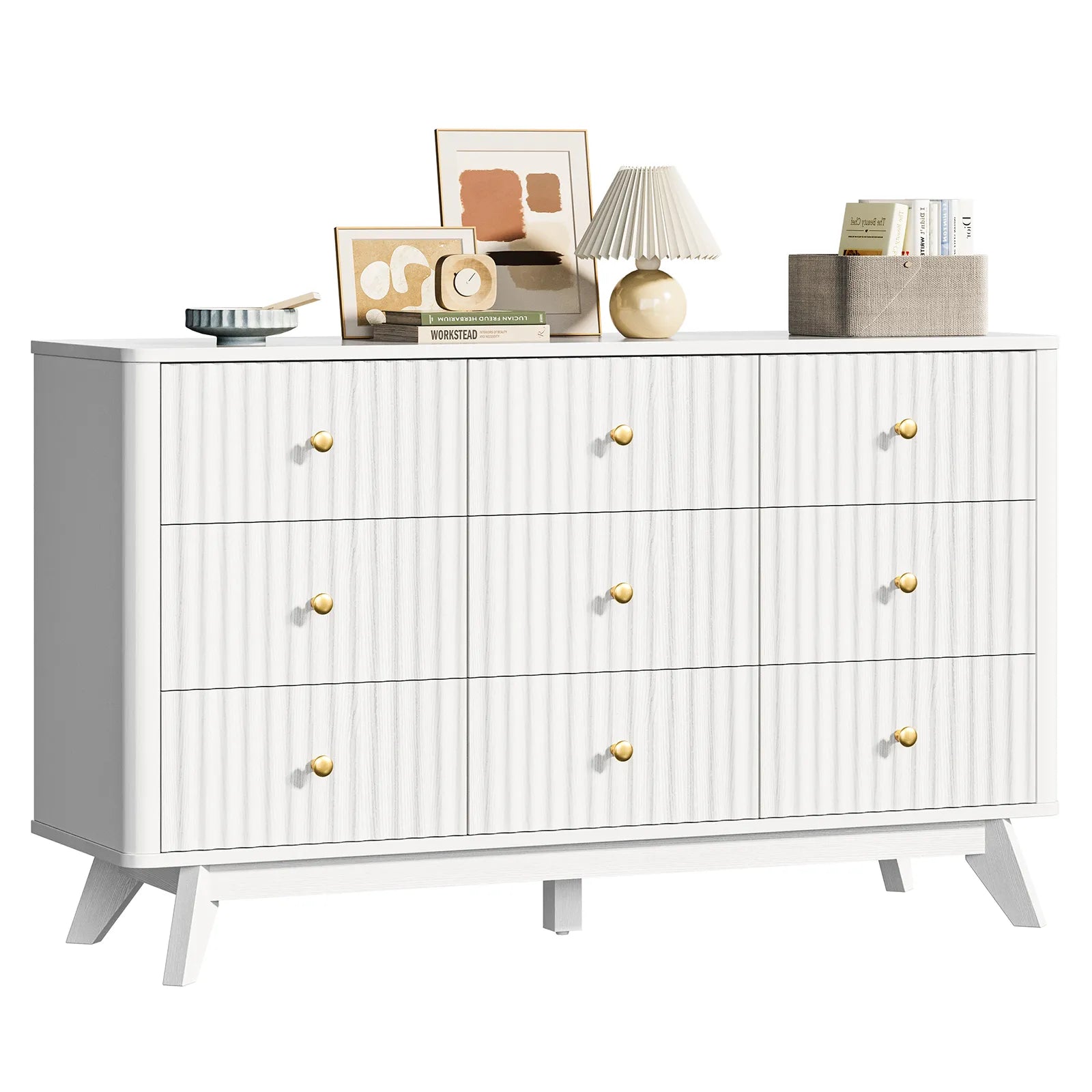 9 Drawer Dresser for Bedroom, Fluted White Dresser for Storage, 52.8" Wood Dressers & Chests of Drawers for Closet, Living Room, Entryway