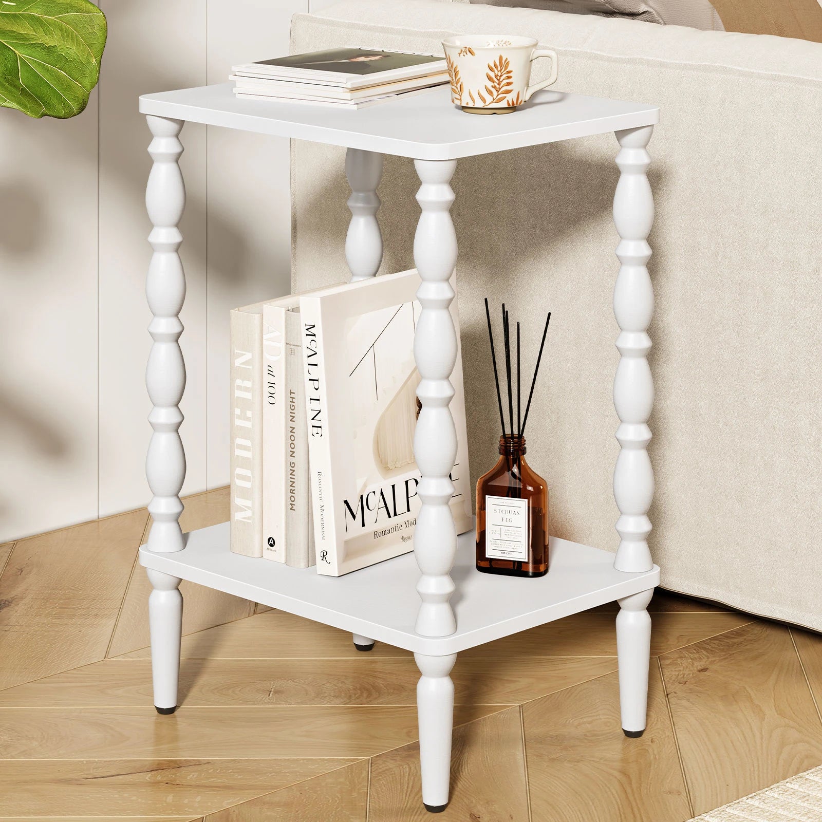 Maliowa 2-Tier Side Table, Small End Table for Living Room Bedroom with Storage Shelf, Vintage Accent Table Nightstand with Spindle Legs