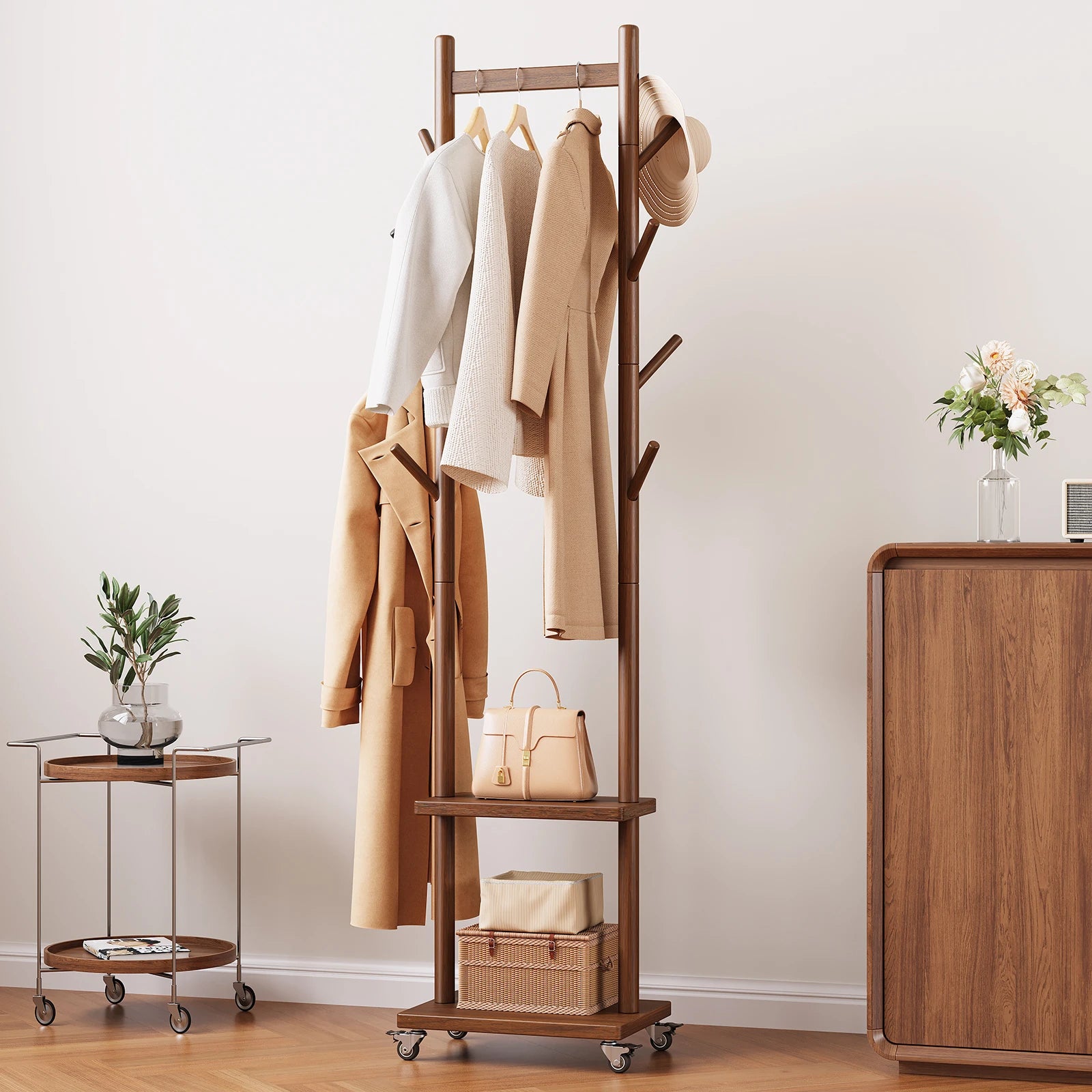 Solid Wood Coat Rack Freestanding, Rolling Clothes Rack with Wheels, Clothing Rack with 8 Hooks & Shelevs, Clothing Racks for Hanging Clothes