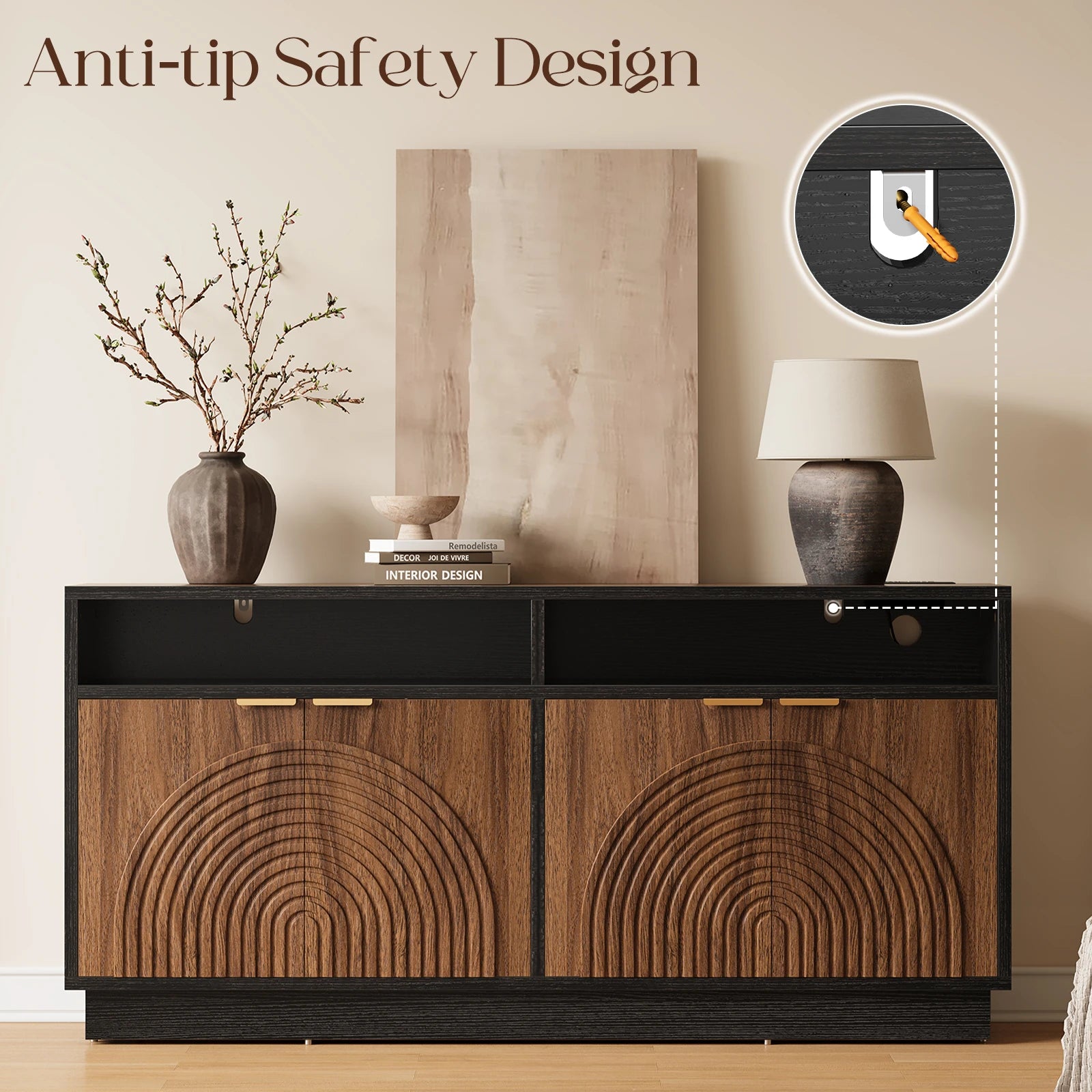 CURLA 58" Fluted TV Stand with Power Outlet, LED TV Stands with Storage & Adjustable Shelf, Entertainment Center for Living Room, Mid Century