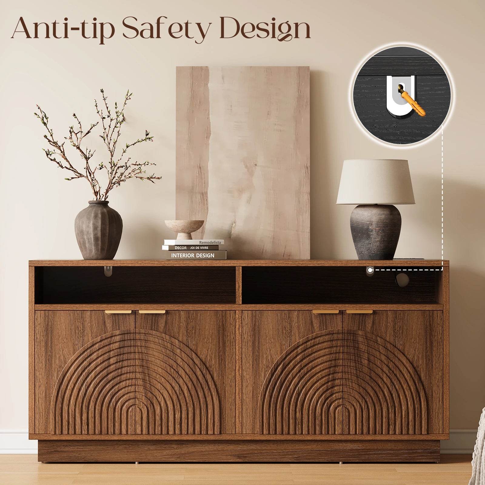 CURLA 58" Fluted TV Stand with Power Outlet, LED TV Stands with Storage & Adjustable Shelf, Entertainment Center for Living Room, Mid Century