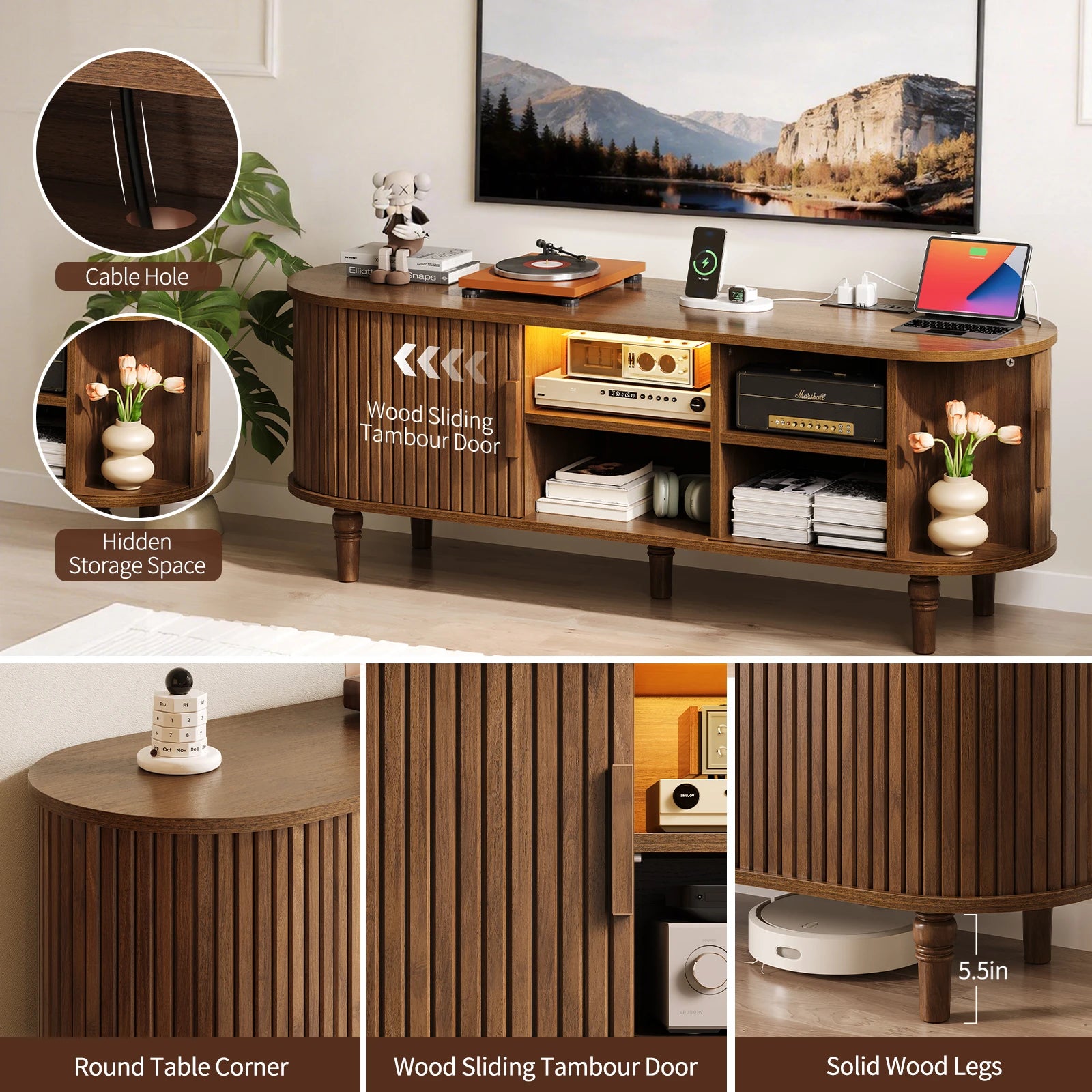 CURLA 55" TV Stand with Power Outlet, Entertainment Center with Sliding Tambour Door, Modern TV Stands for Living Room Bedroom, LED Media Console