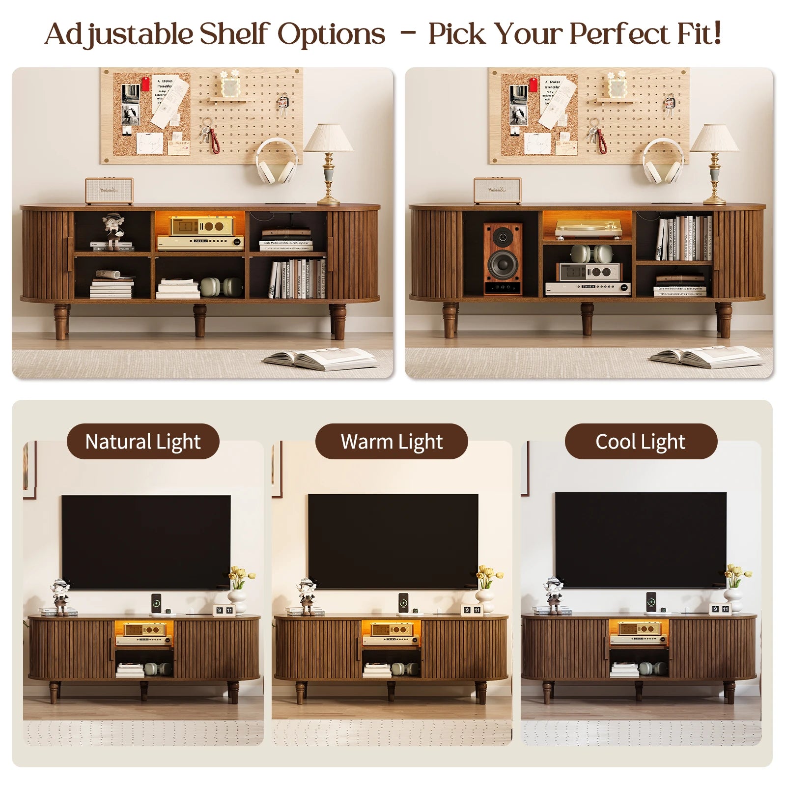 CURLA 55" TV Stand with Power Outlet, Entertainment Center with Sliding Tambour Door, Modern TV Stands for Living Room Bedroom, LED Media Console