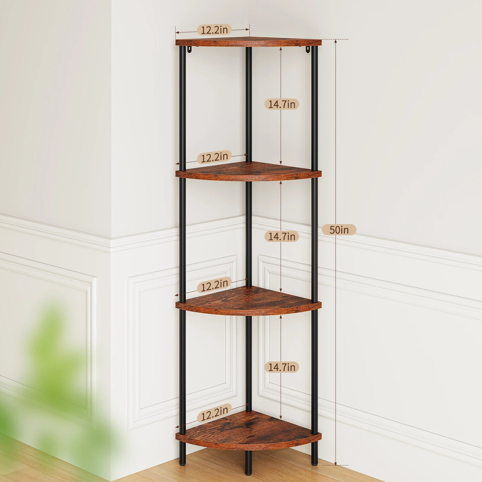 4-Tier Corner Shelf Stand, 50" Tall Corner Bookshelf Display Shelf for Bedroom, Bathroom, Living Room, Berry Brown