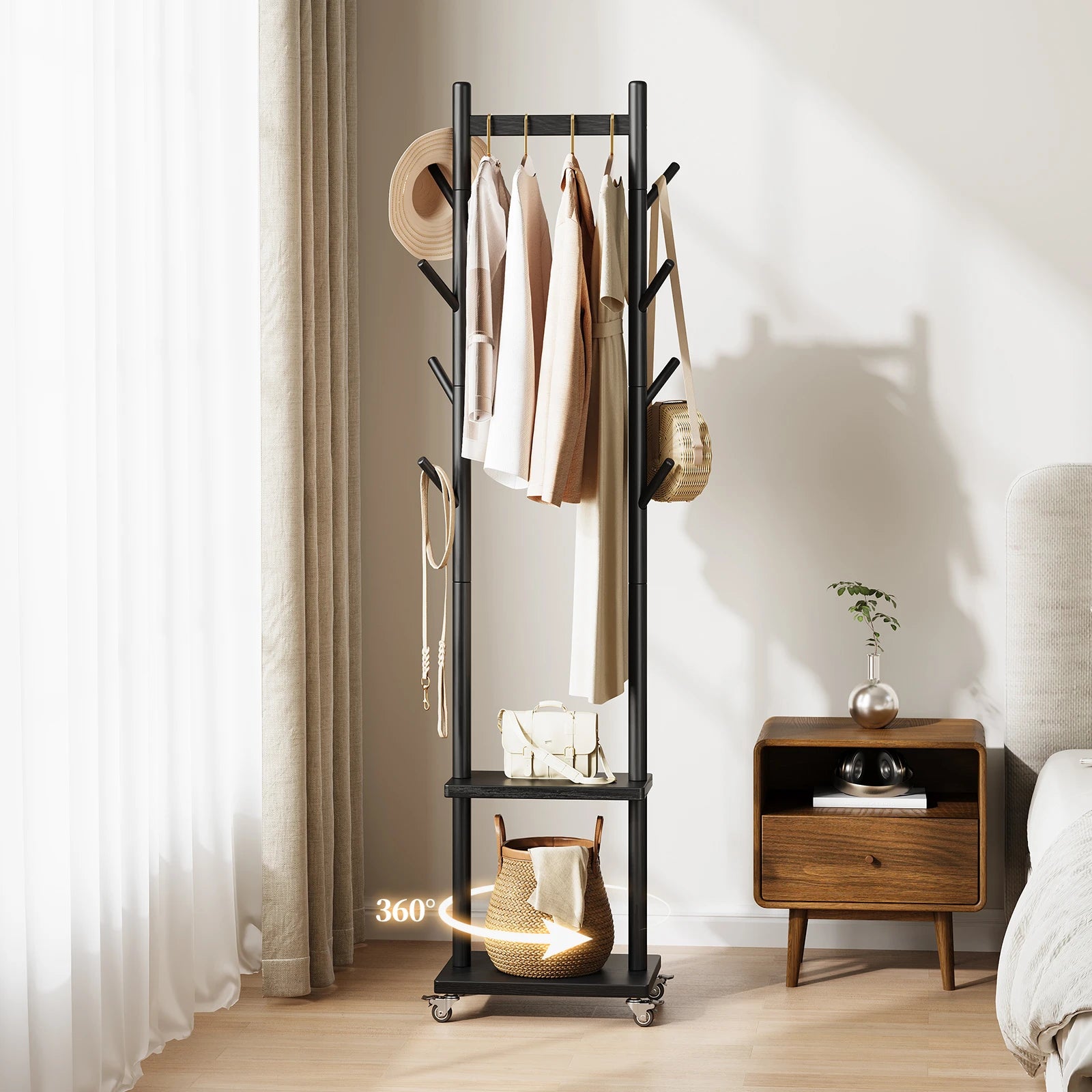 Solid Wood Coat Rack Freestanding, Rolling Clothes Rack with Wheels, Clothing Rack with 8 Hooks & Shelevs, Clothing Racks for Hanging Clothes