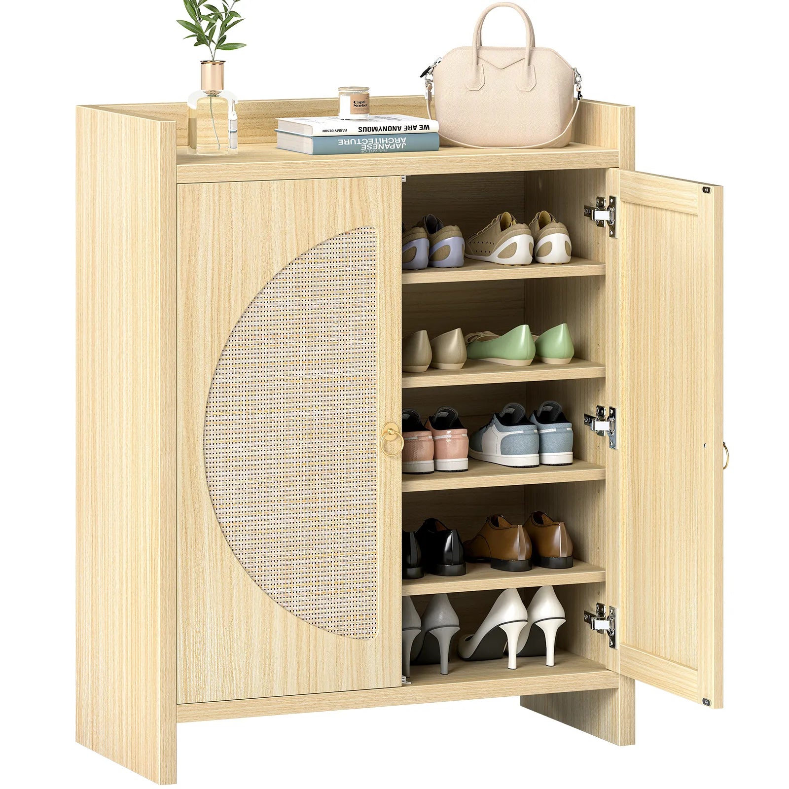 CURLA Rattan Shoe Cabinet Storage for Entryway, Entry Way Shoe Storage Cabinet with Adjustable Shelves, Wood Shoe Organizer Cabinet, Accent Cabinet with Doors for Entrance Hallway Living Room Foyer