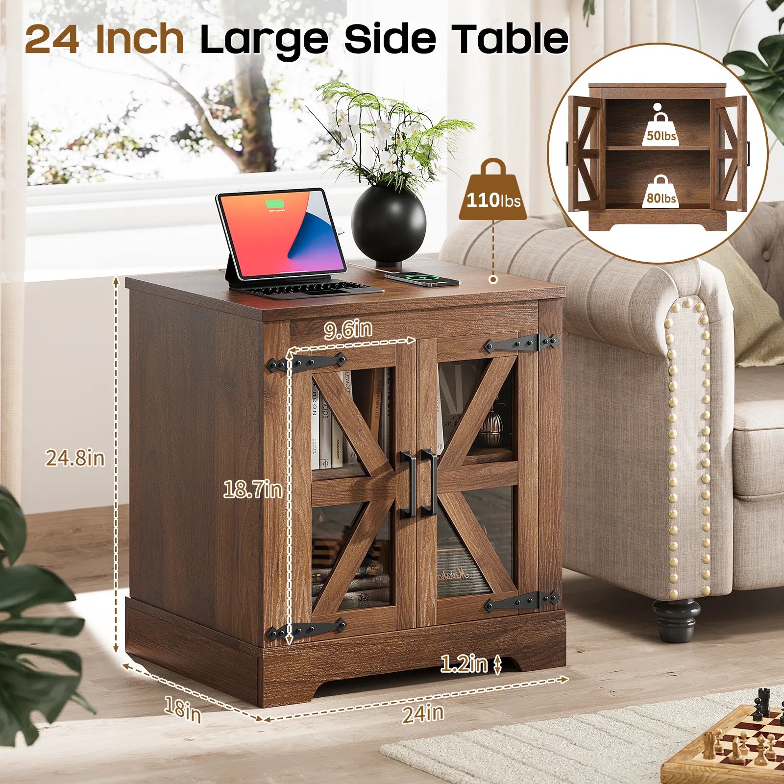 Curlaky Farmhouse Nightstand with Charging Station, Night Stand Side Table with Storage Cabinet, End Table with Adjustable Shelf, Side Tables Bedroom