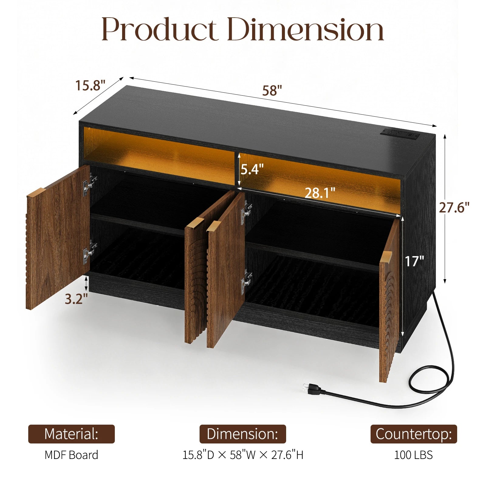 CURLA 58" Fluted TV Stand with Power Outlet, LED TV Stands with Storage & Adjustable Shelf, Entertainment Center for Living Room, Mid Century