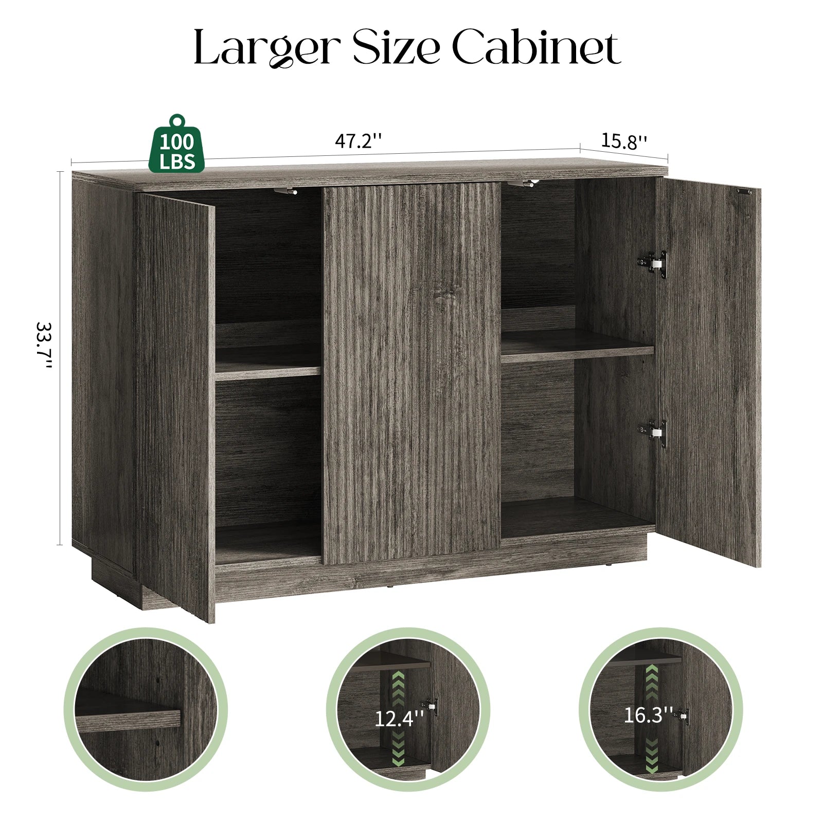 CURLA Sideboard Buffet Cabinet with Storage, 47" Fluted Coffee Bar Cabinet with Adjustable Shelves, Accent Sideboard Cabinet for Living Room Kitchen