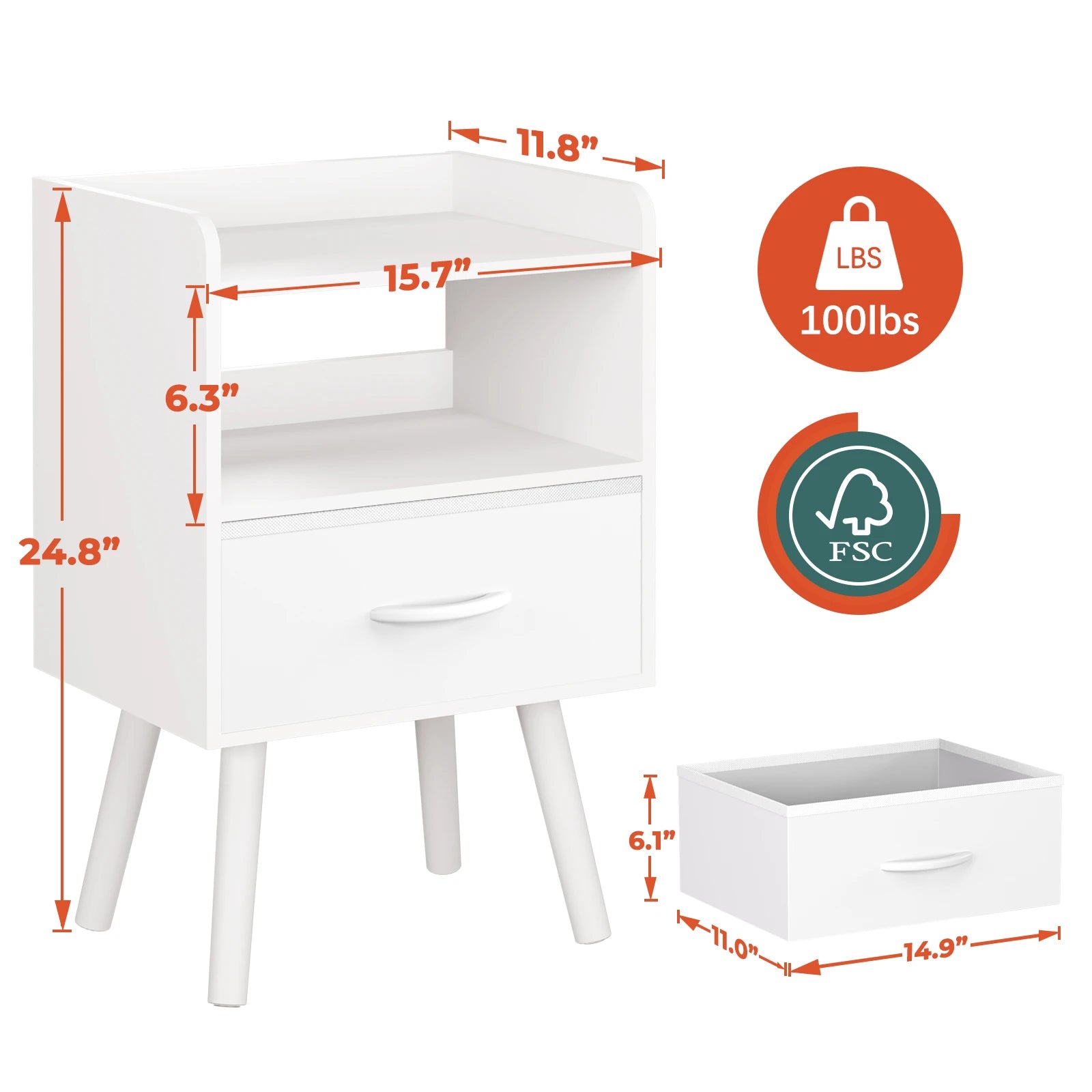 Yoob Night Stand with Fabric Drawer, Mid Century Modern Nightstand with Open Shelf, Wood Side Table Nightstands, 2-Tier Night Stands for Bedrooms