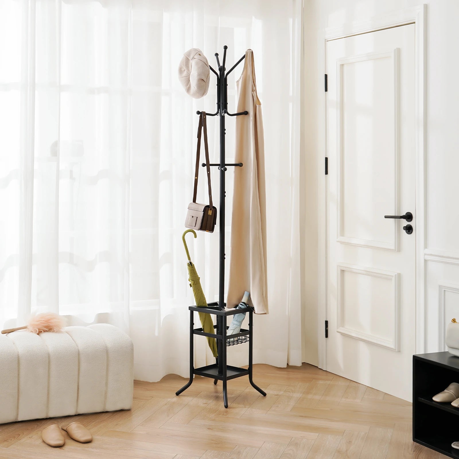Coat Rack Freestanding, Coat Tree with Umbrella Holder, Metal Coat Rack Stand with 12 Hooks, Hall Tree Purse Rack for Entryway, Living Room