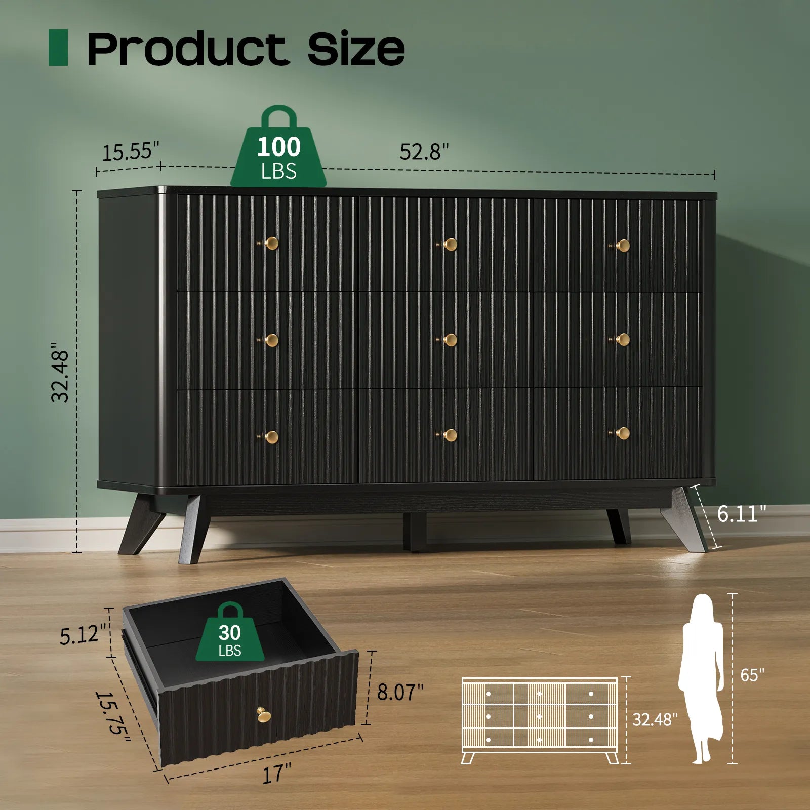 9 Drawer Dresser for Bedroom, Fluted Black Dresser for Storage, 52.8" Wood Dressers & Chests of Drawers for Closet, Living Room, Entryway