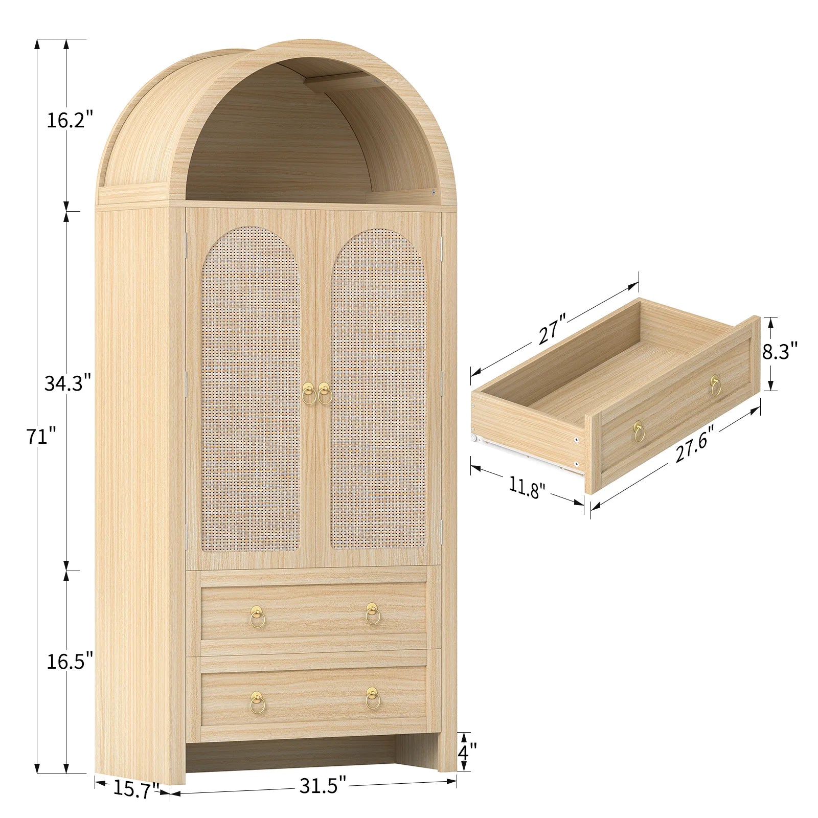 71" Tall Arched Kitchen Pantry Storage Cabinet, Food Pantry Cabinet Bookshelf with 2 Drawers, Wood Storage Cabinets with Door for Dining Room, Living Room