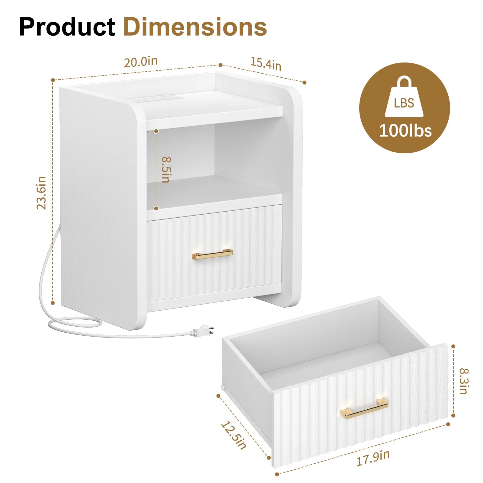 Fluted Nightstand with Charging Station,Wood Bedside Table Night Stand with Drawer and Open Shelf,Modern End Side Table for Bedroom Living Room