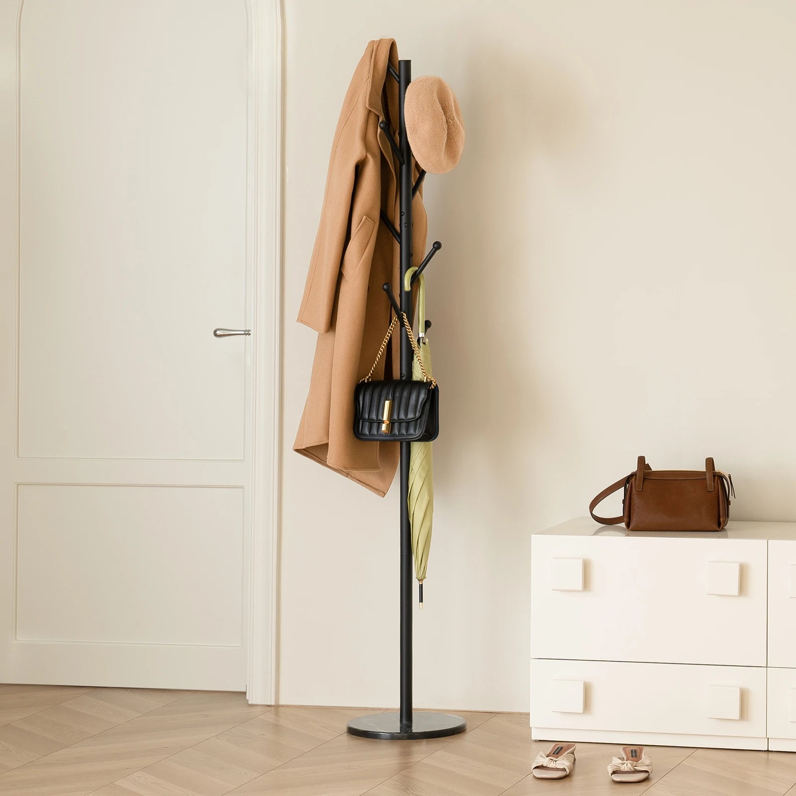 Coat Rack Freestanding with Natural Marble Base, Coat Tree with 8 Hooks, Metal Hall Tree for Jacket, Hat, Bag, Coat Hanger Stand for Entryway
