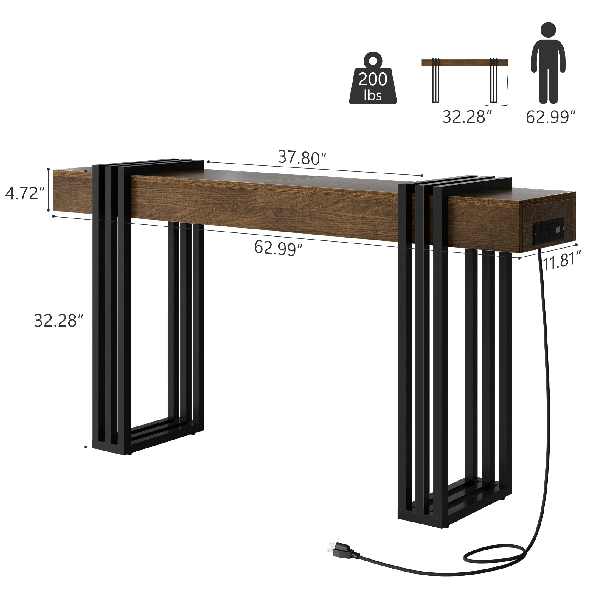 63" Long Console Table, Wood Entryway Table with Black Parallel Metal Frame & Outlet, Behind Couch Table for Hallway Living Room Foyer, Walnut