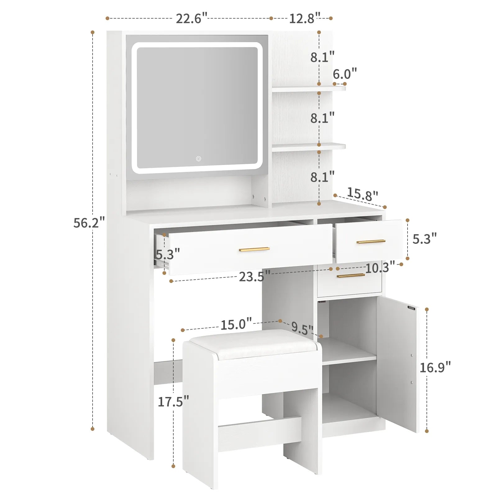 Vanity Desk with Mirror and Lights, Makeup Vanity Desk with Drawers & Cabinet, Vanities with Upholstered Chair, White Makeup Table with Storage Shelves, Girls Dressing Table for Bedroom