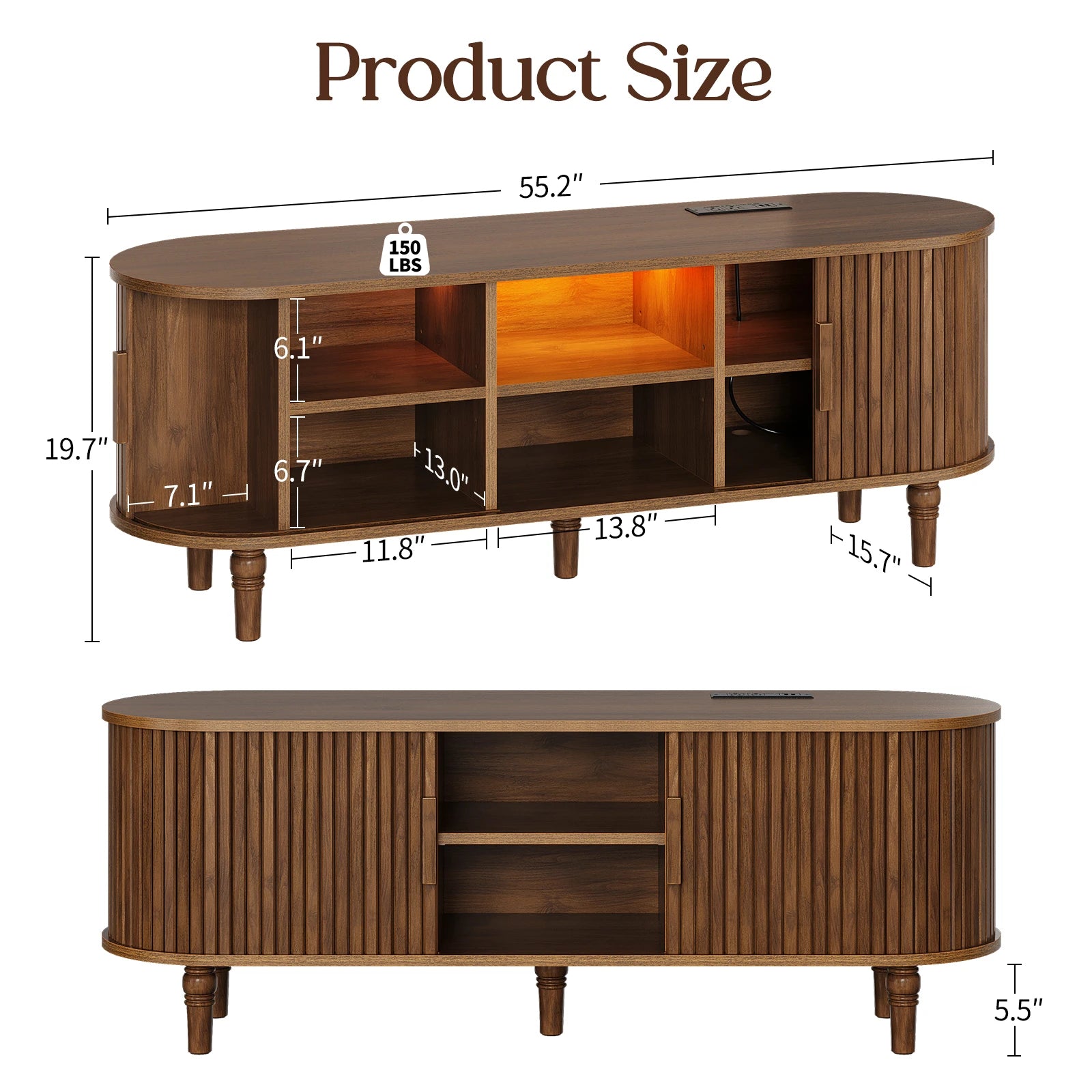 CURLA 55" TV Stand with Power Outlet, Entertainment Center with Sliding Tambour Door, Modern TV Stands for Living Room Bedroom, LED Media Console