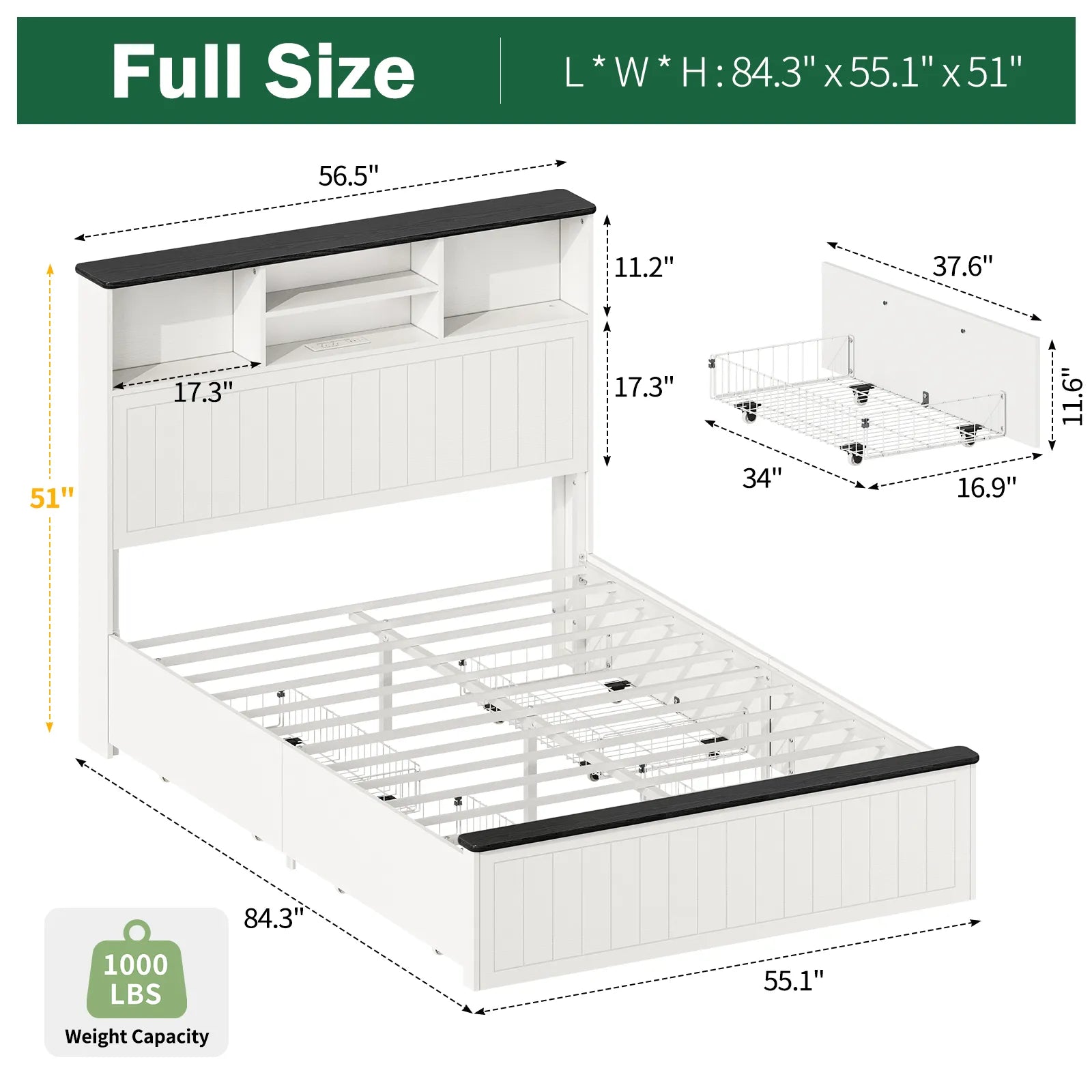 Full Size Bed Frame with Headboard, Farmhouse Wood Full Bed Frame with 4 Storage Drawers, Platform Beds with Charging Station & LED Light