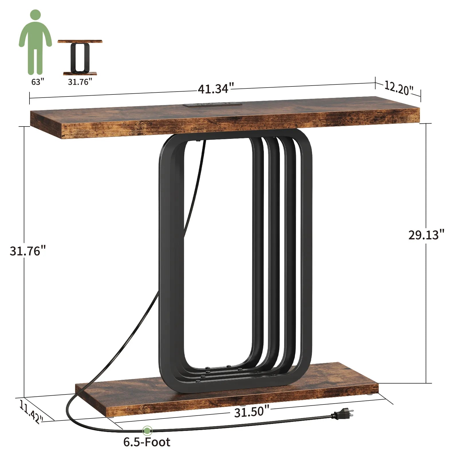 Narrow Console Table with Outlet, Industrial Entryway Table with Unique Base, Small Sofa Table, behind couch table for Entry Way Living Room,Brown