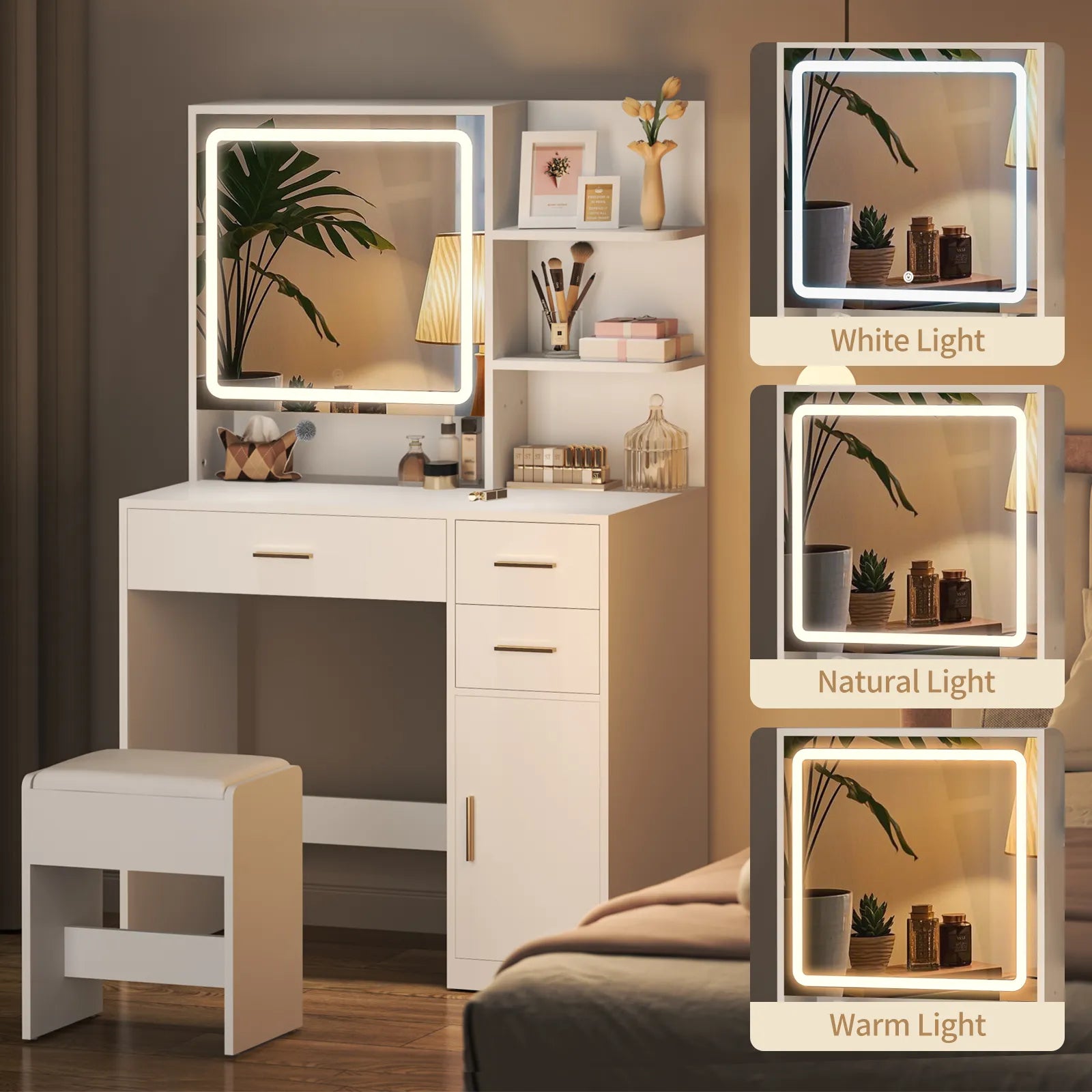 Vanity Desk with Mirror and Lights, Makeup Vanity Desk with Drawers & Cabinet, Vanities with Upholstered Chair, White Makeup Table with Storage Shelves, Girls Dressing Table for Bedroom