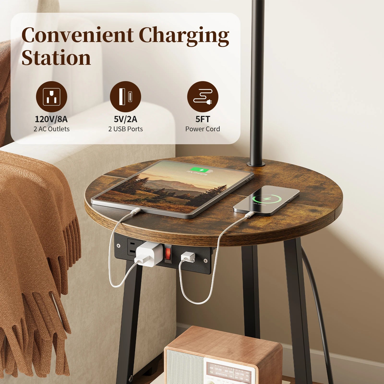 Maliowa Floor Lamp with Table, Attached End Table with Dimmable Lamp & Charging Station, Side Table Lamps for Living Room Bedroom