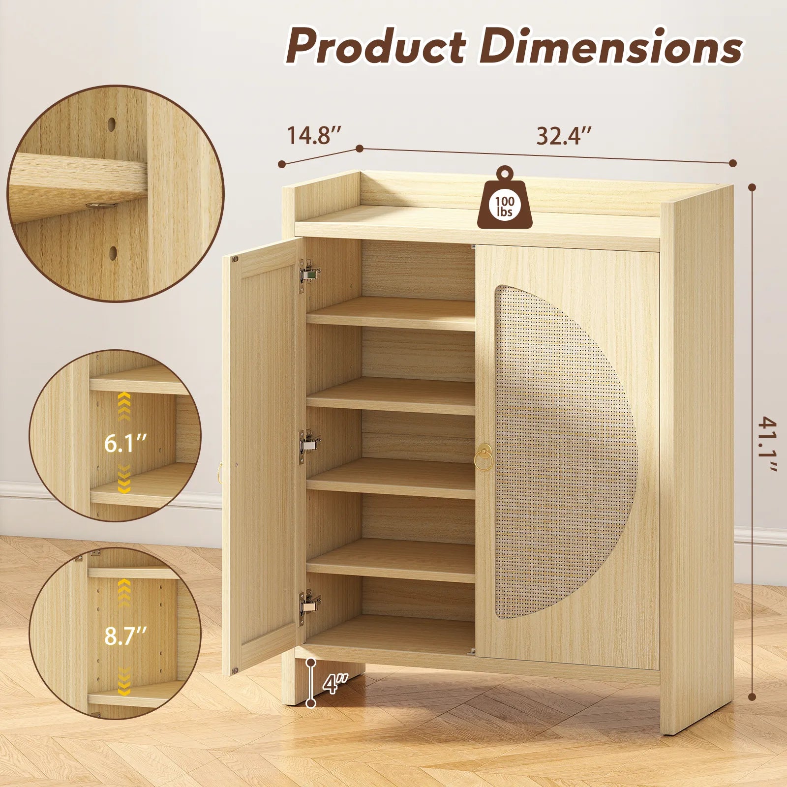 CURLA Rattan Shoe Cabinet Storage for Entryway, Entry Way Shoe Storage Cabinet with Adjustable Shelves, Wood Shoe Organizer Cabinet, Accent Cabinet with Doors for Entrance Hallway Living Room Foyer