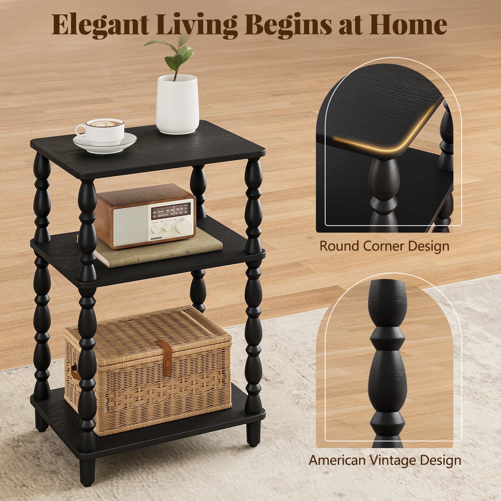 Maliowa Small Side Table with 3-Tier Shelf, Narrow Wood End Table for Small Spaces, Living Room Bedroom