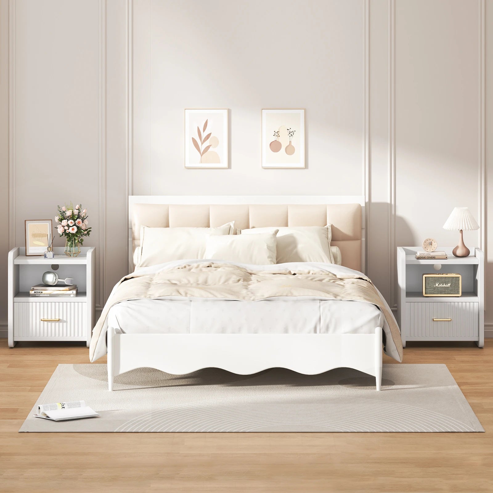 Fluted Nightstand with Charging Station,Wood Bedside Table Night Stand with Drawer and Open Shelf,Modern End Side Table for Bedroom Living Room