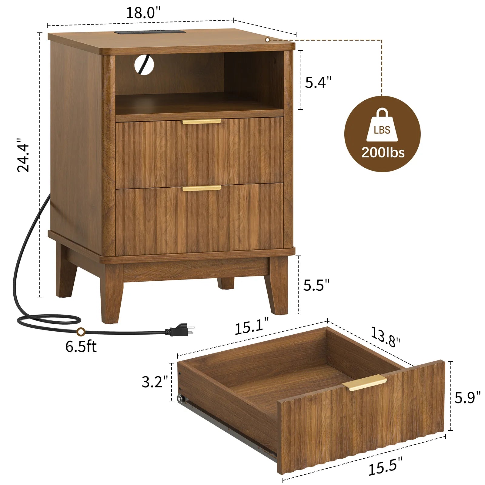 Night Stand with Charger Station, Fluted Nightstand with 2 Drawers and Storage Shelf, Mid Century Modern End Table for Bedroom Living Room